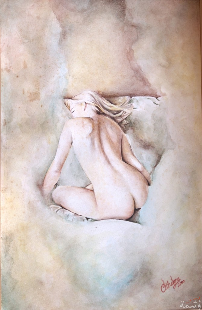 watercolours nude painting for a blond model on paper
