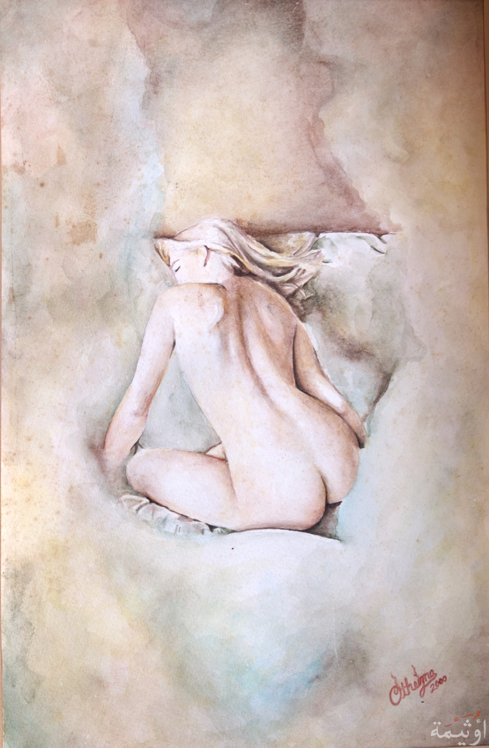 watercolours nude painting for a blond model on paper