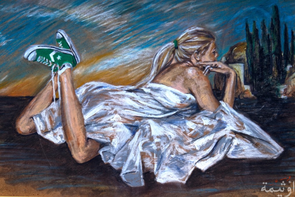 pastel drawing on wood with a blond girl lying on bed with a bed sheet and wearing converse