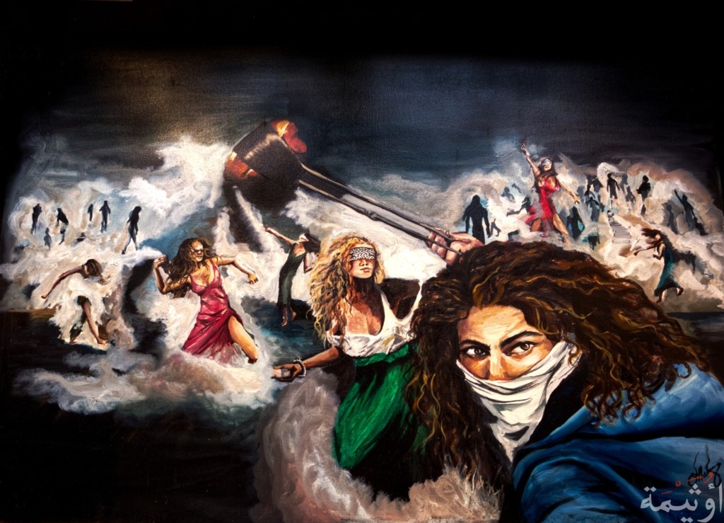 oil painting on canvas titled "witch hunt" inspired by the Palestinian tamimi and the Venezuelan protests