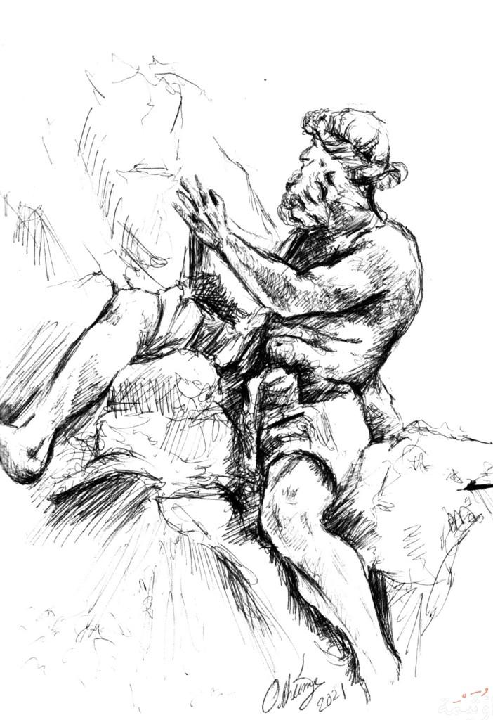Bernini's fountain sketch by the painter Otheima in black ink on paper