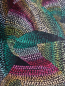 A detail in an acrylic painting on canvas by Otheima using the dotting techniques of the Aboriginal Australians