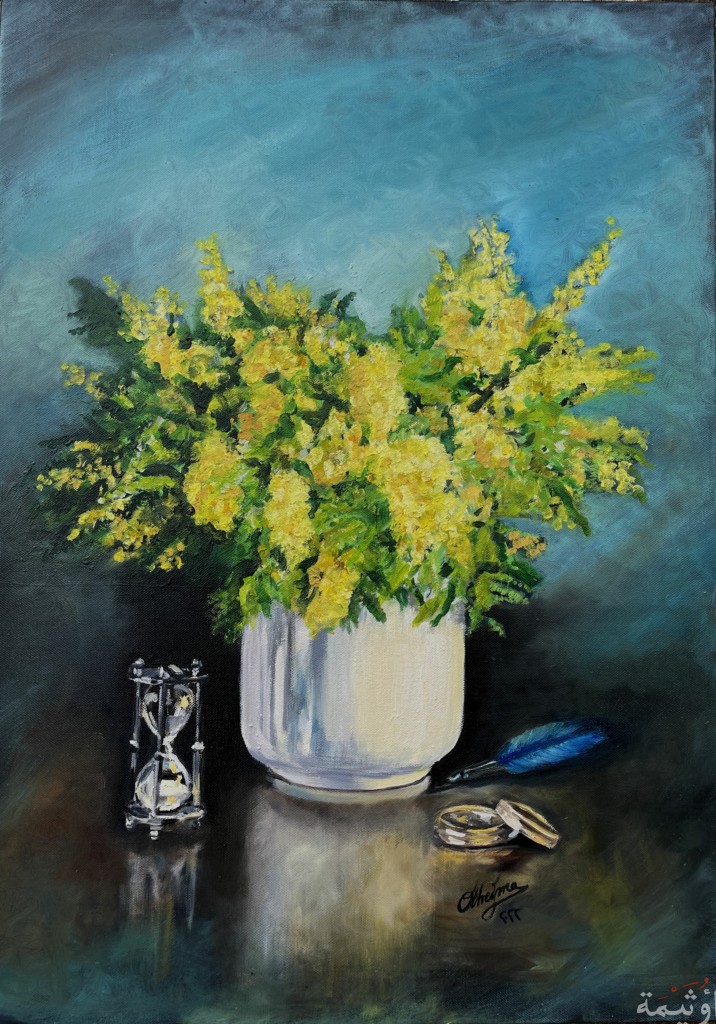 Mimosa flowers in a white vase oil painting on canvas by the painter Otheima